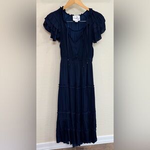 Sam Edelman Navy Tiered Midi Dress w/ Ruffle Sleeves